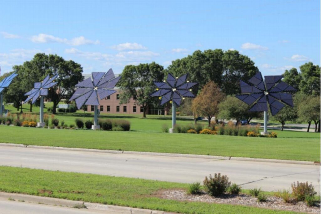 Solar panels shaped as flowers at Northeast Wisconsin Technical College