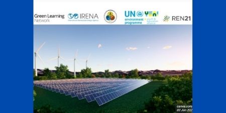 UN Environment Programme Solar Panels and Wind Turbines with blue background
