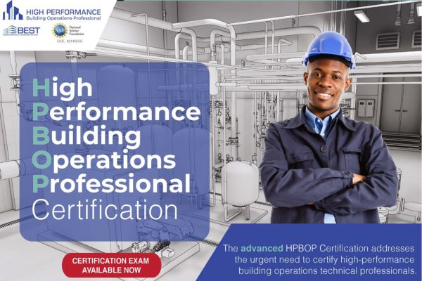 BEST Center High Performance Building Operational Professional Certification. Man in hard hat in building operation Center.
