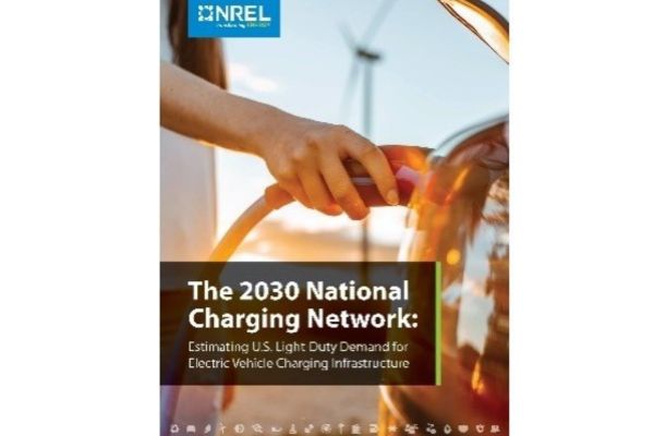 The 2030 National Charging Network Report. Wind Turbine in background and charging electric vehicle in front.