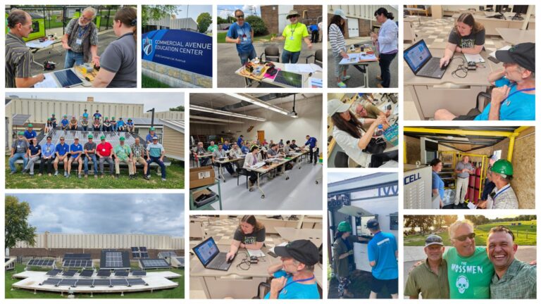Collage of images. Faculty participants working on energy equipment from 2023 Solar Plus Storage Institute.