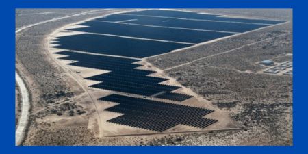 Aerial view of the site where Mexican state-owned electric utility Federal Electricity Commission (CFE) is building the largest solar plant in all Latin America in Puero Peñasco, Sonora state, Mexico on February 2, 2023.