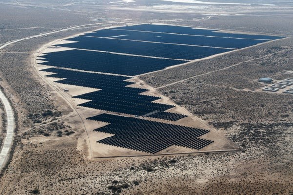 Aerial view of the site where Mexican state-owned electric utility Federal Electricity Commission (CFE) is building the largest solar plant in all Latin America in Puero Peñasco, Sonora state, Mexico on February 2, 2023.