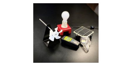Energy Lesson lab supplies - fan, remote, lightbulb & panel.