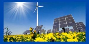 Solar panels, wind turbine, sun and yellow flowers.