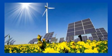 Solar panels, wind turbine, sun and yellow flowers.