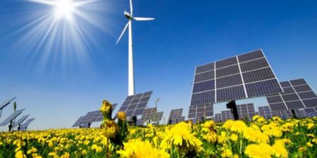 Solar panels, wind turbine, sunshine and yellow flowers.