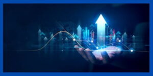 A dark background with a hand holding a city scape with arrows.