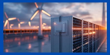 Wind turbine and energy storage systems in the sunrise.