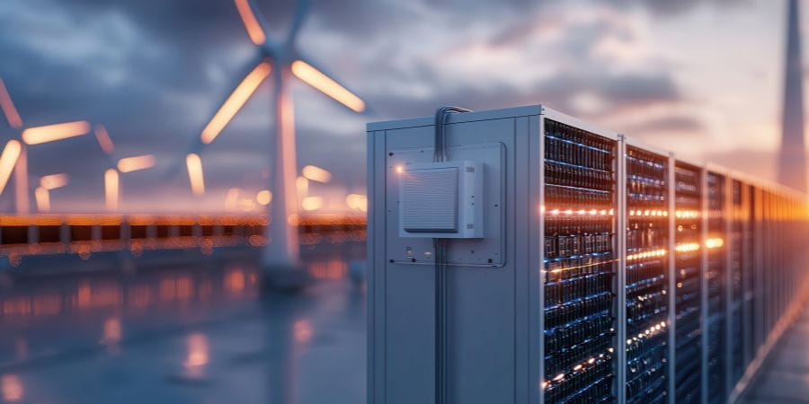 Wind turbines and energy storage systems in the sunrise.