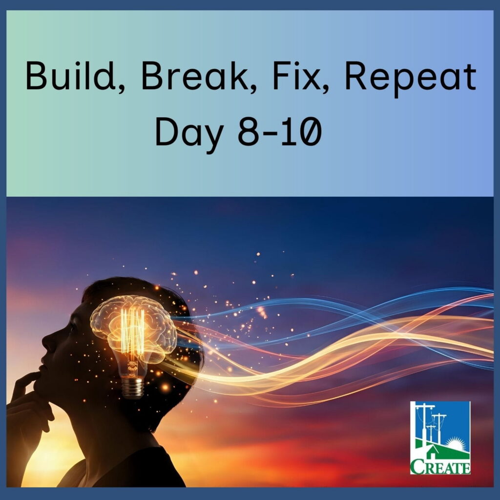 Build, break, fix, repeat - Day 8-10 Outline of a head with lightbulb thinking.