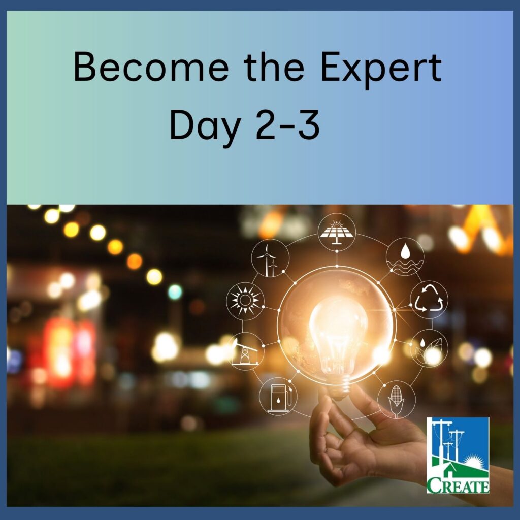Become the Expert Day 2-3 - City at night - Hand with lightbulb and energy ideas.