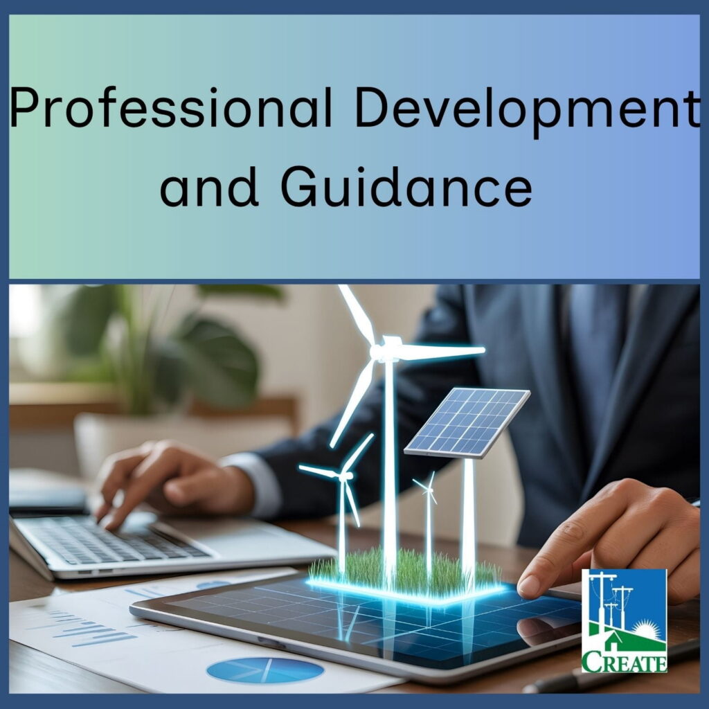 Professional Development and Guidance. Energy concepts on a desk with a computer and hand
