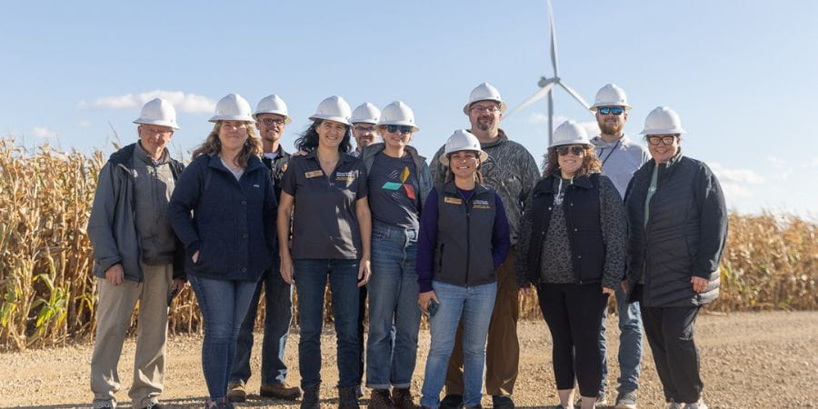 Most workshops include a tour of a local renewable energy site. This workshop, held in October of 2023, included a visit to the Quilt Block Wind Farm in Darlington, WI. Image by: Chelsea Mamott