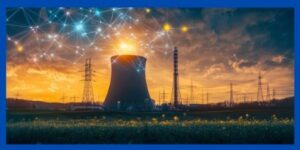 Sunset, nuclear plant and electricity towers.
