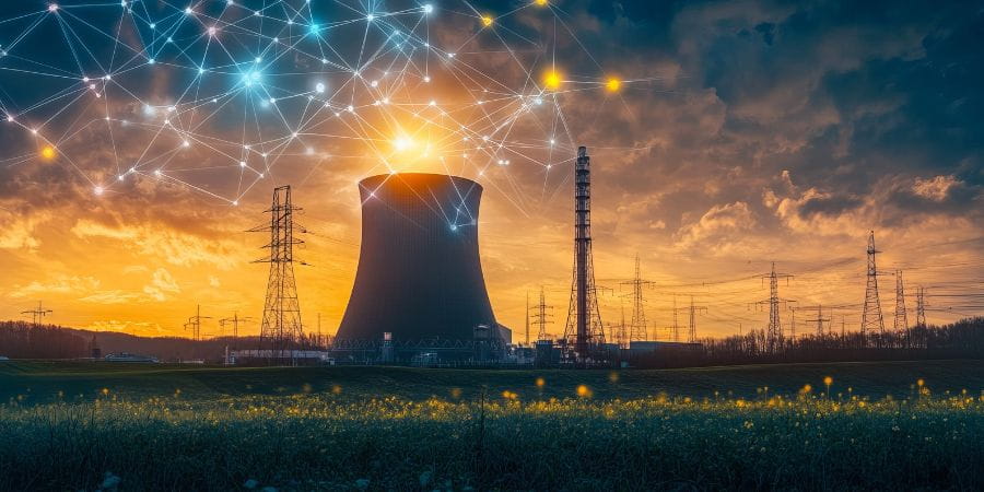Sunset, nuclear reactor and electricity towers.