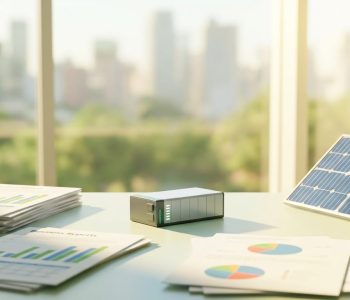 Solar Powered Battery with documents on table and city in background window